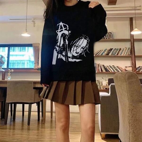 Gothic Girl Harajuku Vintage Streetwear Unisex Siyah Kazak
