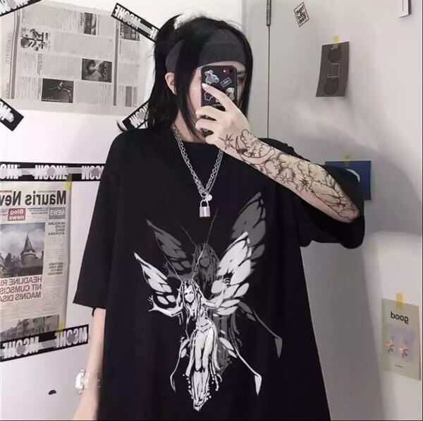 Gothic Harajuku Fairy Girl Siyah Oversize Unisex T-shirt