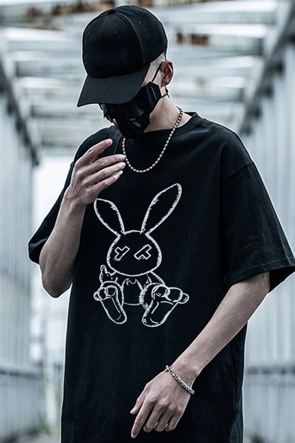 Rabbit Tavian Baskılı Siyah Oversize Unisex T-shirt