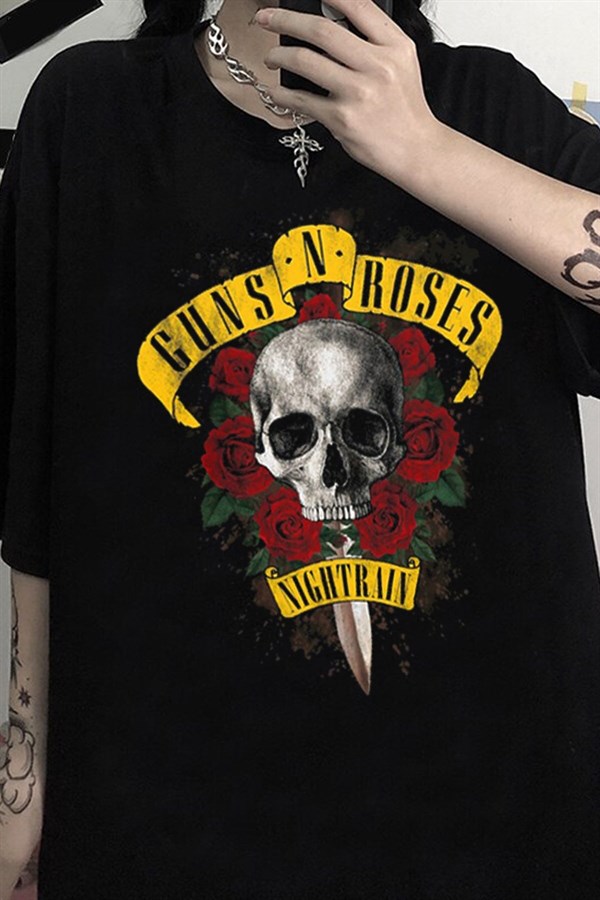 Siyah Gunsn Roses Büyük Baskılı Unisex Geniş Kesim Rock-Metal T-shirt