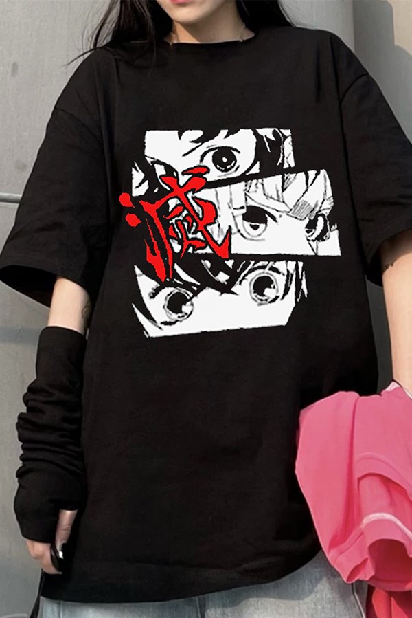 Siyah Renk Demon Slayer Büyük Baskılı Unisex Geniş Kesim Unisex Anime T-shirt