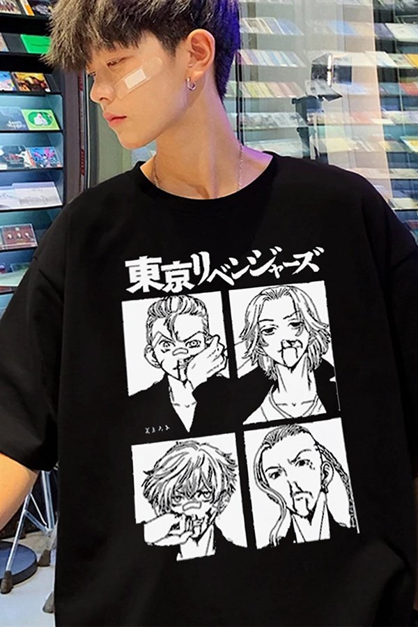 Siyah Renk Tokyo Revengers Büyük Baskılı Unisex Geniş Kesim Anime T-shirt
