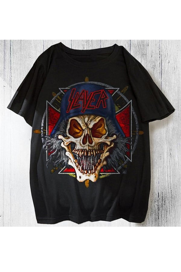 Slayer Skull Baskılı Siyah Oversize Unisex T-shirt