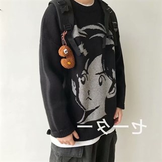 Anime Boy Harajuku Vintage Streetwear Unisex Siyah Kazak