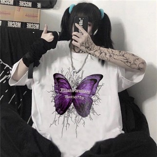 Gothic Harajuku Butterfly Beyaz Oversize Unisex T-Shirt