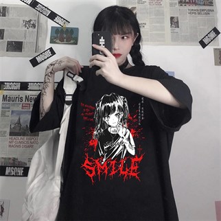 Gothic Punk Smile Siyah Oversize T-Shirt