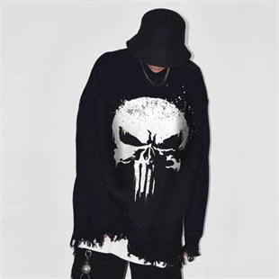 Gothic Skeleton Punisher Siyah Unisex Oversize Kazak