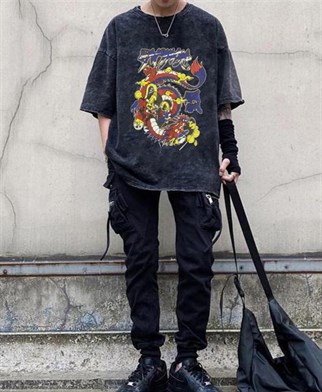 Harajuku Dragon Baskılı Oversize Unisex T-shirt