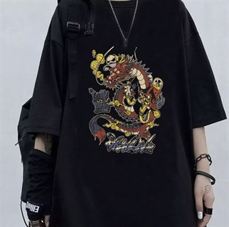 Harajuku Dragon Baskılı Siyah Oversize Unisex T-shirt
