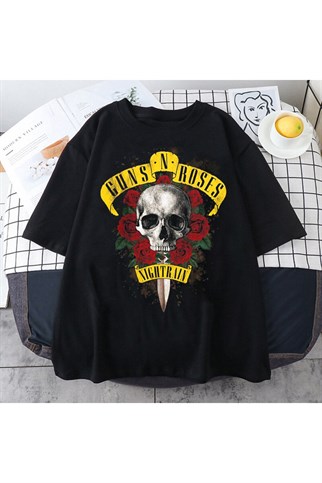 Siyah Gunsn Roses Büyük Baskılı Unisex Geniş Kesim Rock-Metal T-shirt