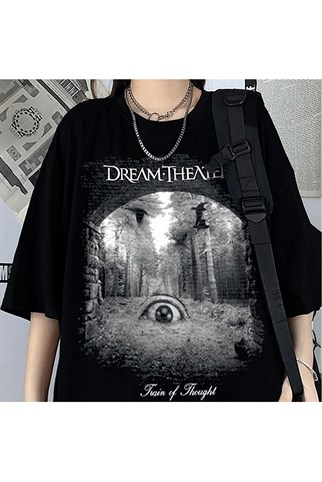 Siyah Renk Dream Theater Baskılı Unisex Rock Metal T-shirt