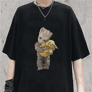 Star Wars Groot & Yoda Baskılı Siyah Oversize Unisex T-shirt