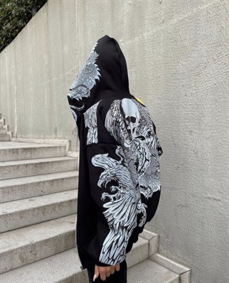 Touz Gothic Skull Kapüşonlu Fermuarlı Oversize Sweatshirt