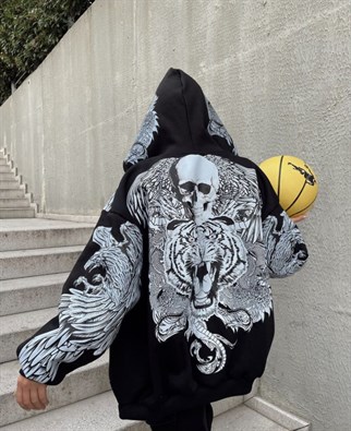 Touz Gothic Skull Kapüşonlu Fermuarlı Oversize Sweatshirt
