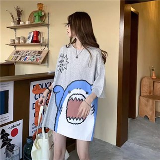 Touz Shark Kawaii Harajuku Stil Unisex Gri Oversize T-Shirt
