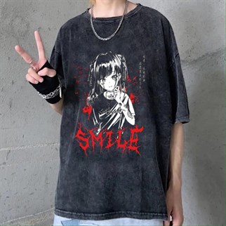 Yıkamalı Kumaş Gothic Punk Smile Siyah Oversize T-Shirt