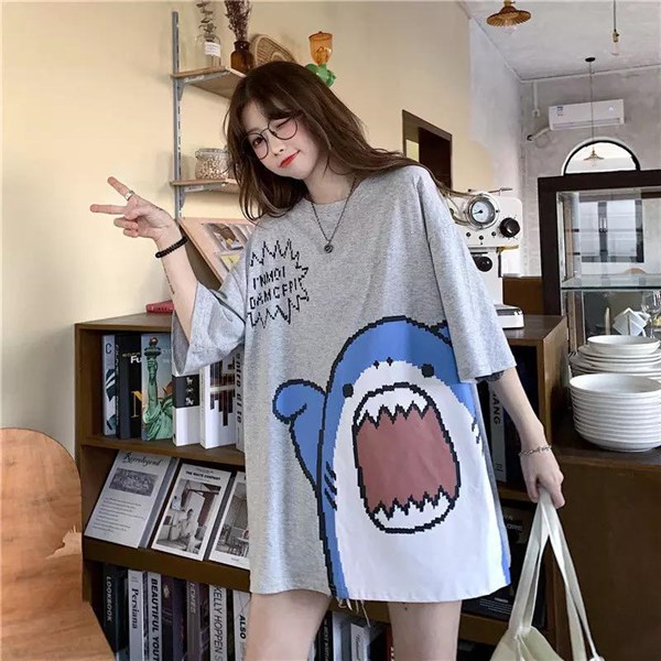 Touz Shark Kawaii Harajuku Stil Unisex Gri Oversize T-Shirt